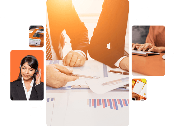 Collage of IT specialists working on a plan.