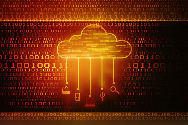 Data from laptops, phones and network devices flowing upward into a secure cloud.