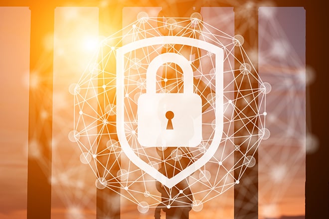 A cyber security lock with floating networks surrounding it.