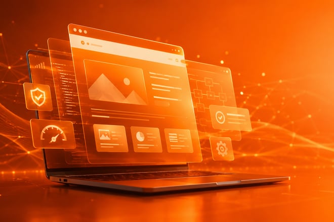 A laptop displaying layered website interface panels with security, performance, and settings icons.