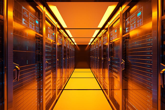 A secured database location with massive tech along a hallway.