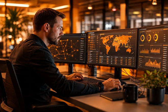 A security analyst reviewing threat dashboards and network maps across multiple monitors.